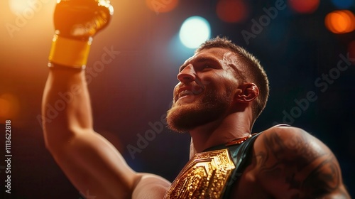 Victorious athlete celebrating with championship belt, showcasing triumph and joy
