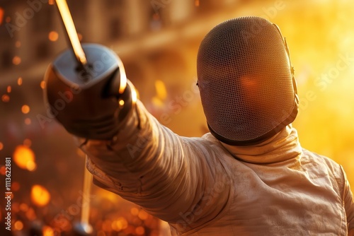 victorious fencer raising their sword in celebration, surrounded by sparks