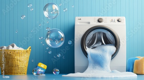 Washing machine is filled with bubbles and the water is spilling out. The bubbles are floating in the air and the water is splashing onto the floor. The scene is playful and fun photo