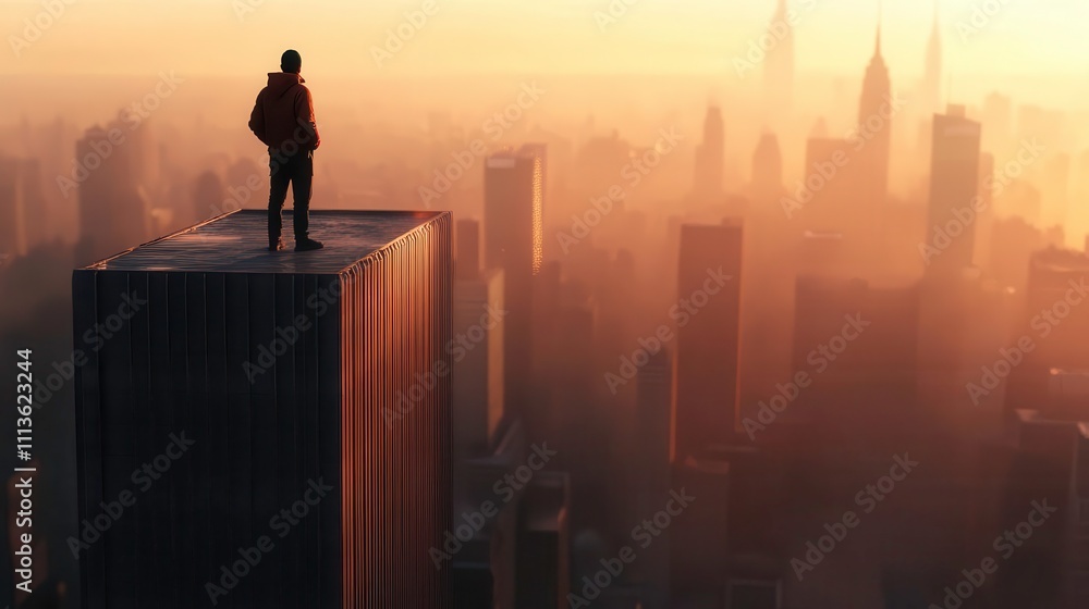 person standing on tall building overlooking city skyline at sunset person standing on tall building overlooking city skyline at sunset
