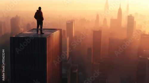 person standing on tall building overlooking city skyline at sunset