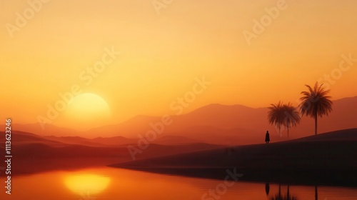 serene sunset over desert landscape with palm trees and reflections