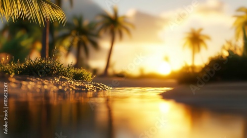 serene sunset over tropical beach with palm trees and water reflections