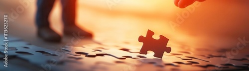 person placing puzzle piece on table, symbolizing problem solving and creativity
