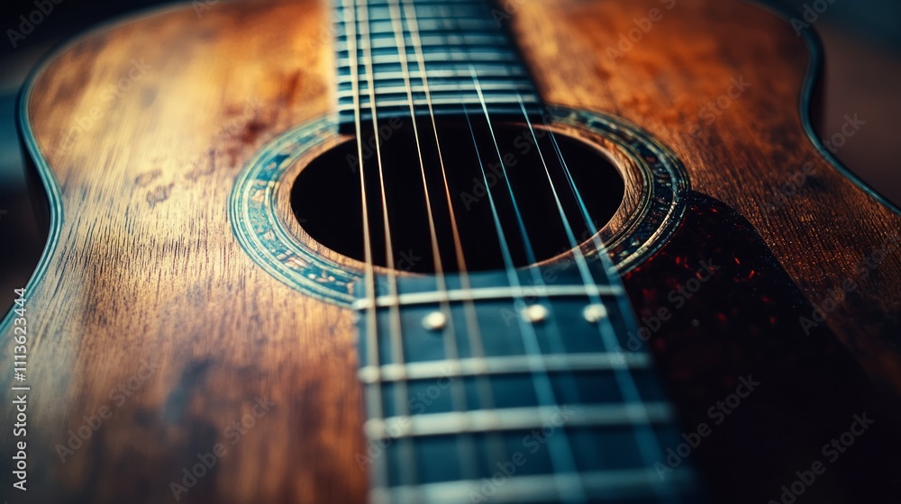 Obraz premium Close-up of an acoustic guitar's soundhole and strings.
