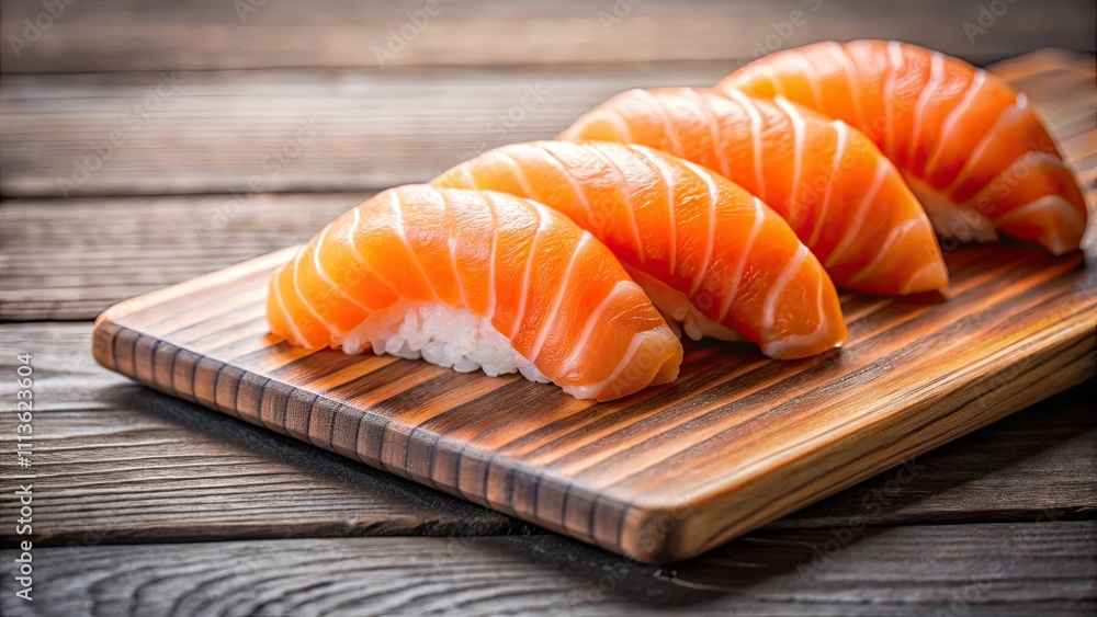 Close-up of fresh salmon sushi slices on a wooden cutting board, salmon, sushi, fresh, raw, seafood, Japanese, cuisine, food Close-up of fresh salmon sushi slices on a wooden cutting board, salmon, sushi, fresh, raw, seafood, Japanese, cuisine, food