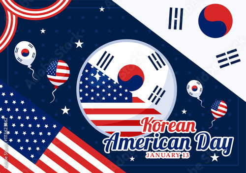 Korean American Day Vector Illustration on January 13 featuring the USA and South Korean Flags to Celebrate the Republic of Alliance in a Background