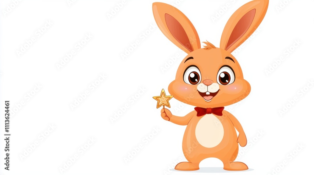 Cheerful Cartoon Rabbit Character Holding Glowing Star and Waving on White Background Cheerful Cartoon Rabbit Character Holding Glowing Star and Waving on White Background