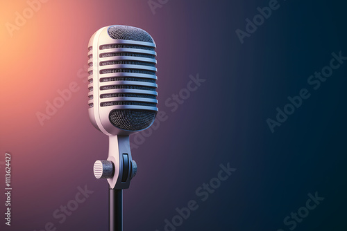 Concept of voice and sound articulation illustration. A vintage microphone stands against a gradient backdrop, capturing the essence of music and performance.