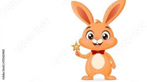 Cheerful Cartoon Rabbit Character Holding Glowing Star and Waving on White Background