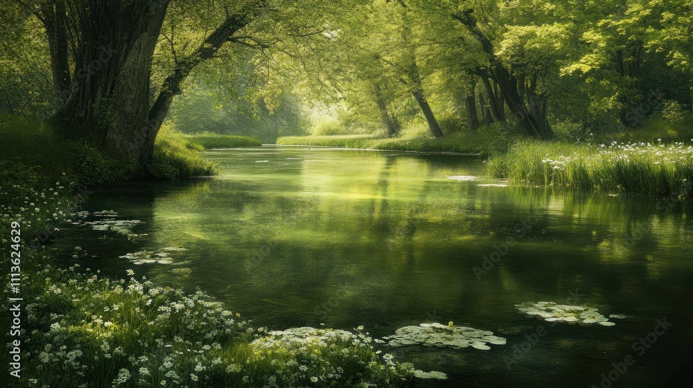 Serene River Flows Through Lush Green Forest Canopy Serene River Flows Through Lush Green Forest Canopy