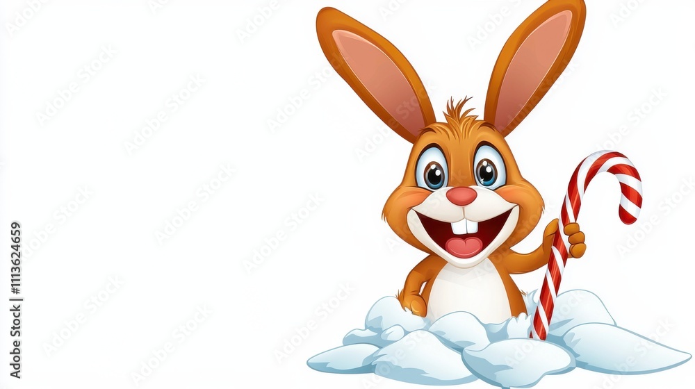 Obraz premium Joyful Cartoon Rabbit Holding Candy Cane and Hopping on Snowy Clouds