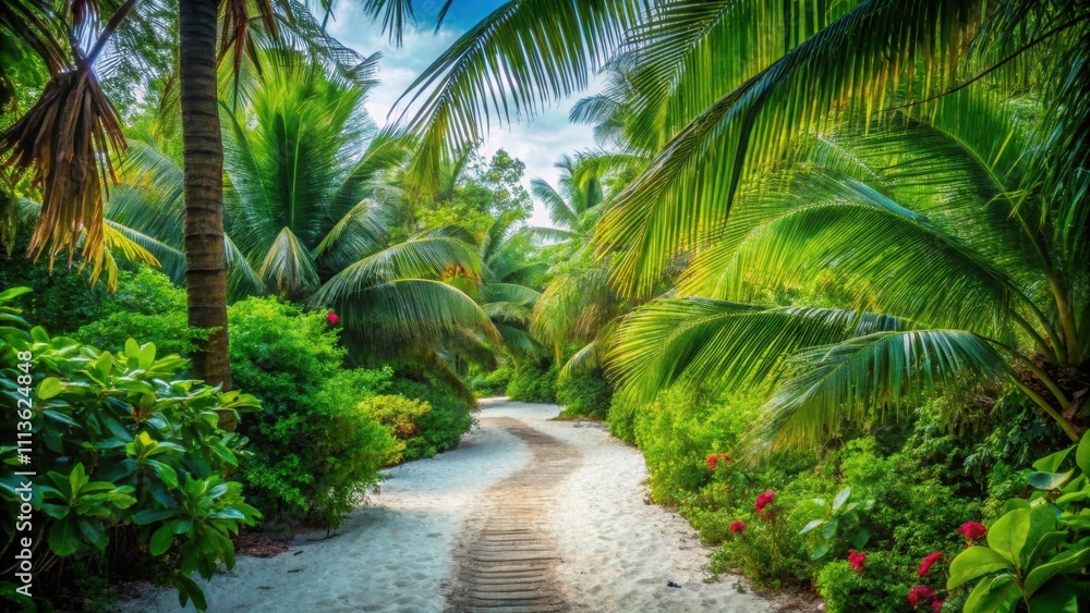 Serenity in nature with a sandy path winding through lush tropical greenery, serene, sandy, path, lush, tropical, vegetation Serenity in nature with a sandy path winding through lush tropical greenery, serene, sandy, path, lush, tropical, vegetation