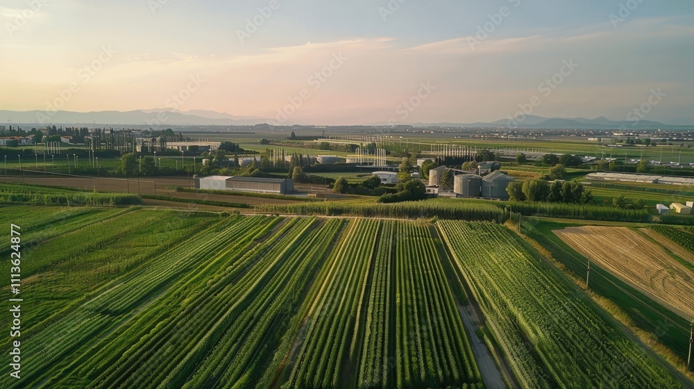 Naklejka premium Aerial View of Lush Green Fields and Agricultural Land at Sunset