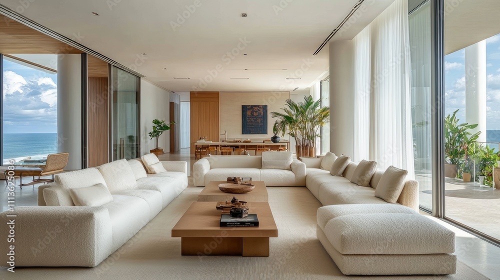 Modern coastal living room with large windows and ocean view, featuring minimalist furniture. Modern coastal living room with large windows and ocean view, featuring minimalist furniture.