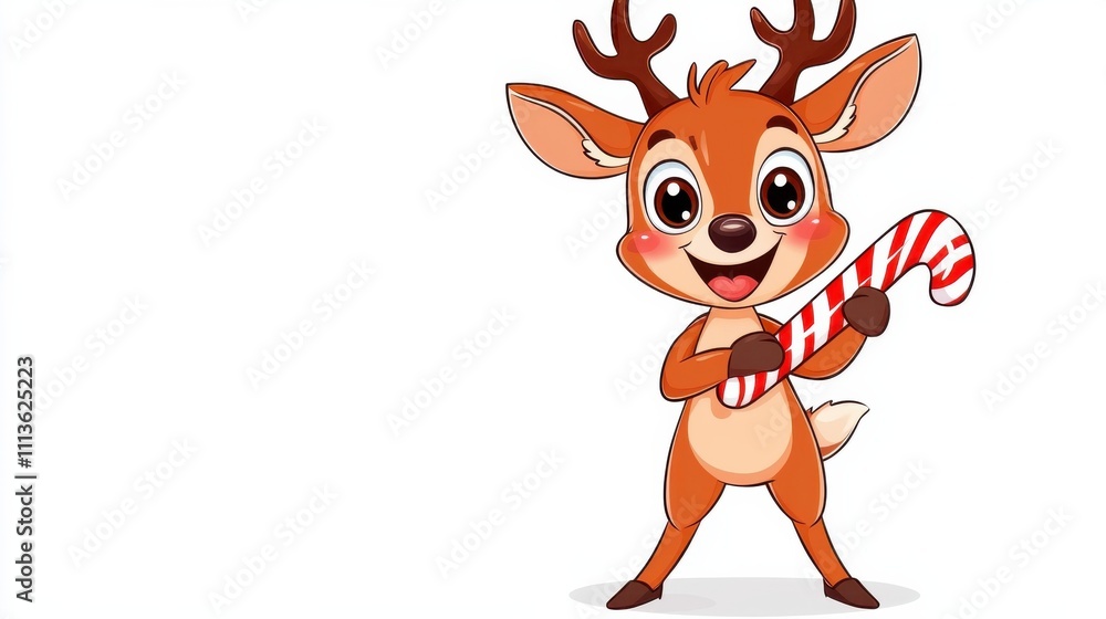 Obraz premium Cheerful Cartoon Reindeer with Candy Cane in Festive Winter Scene