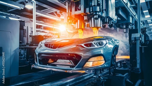 Automated machines creating car bumpers through die casting and welding. Advanced car bumper mold die casting and welding process in an industrial setting