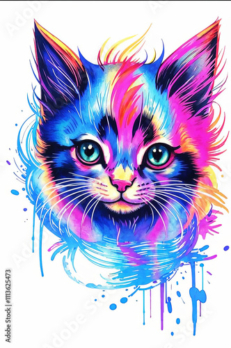 Abstract beautiful kitten head neon watercolor painting at white background, modern print design