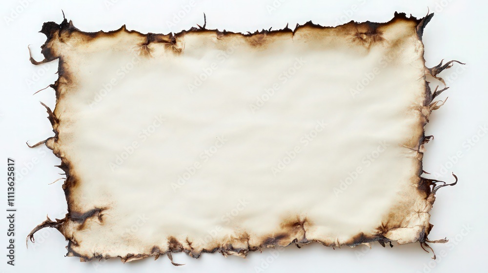 A flat lay of an old parchment paper sheet with frayed, burnt edges isolated on a white background. A flat lay of an old parchment paper sheet with frayed, burnt edges isolated on a white background.