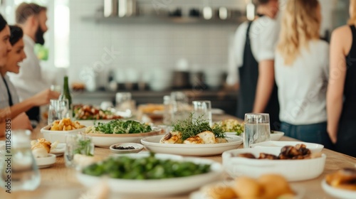 Vibrant and modern city cafe setting featuring a group of people sharing light meals and engaging in lively conversation and laughter creating a cozy and enjoyable atmosphere