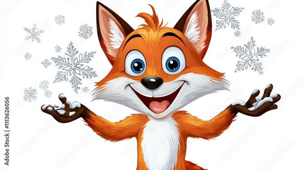 Cheerful Cartoon Fox Surrounded by Snowflakes in Winter Scene Cheerful Cartoon Fox Surrounded by Snowflakes in Winter Scene
