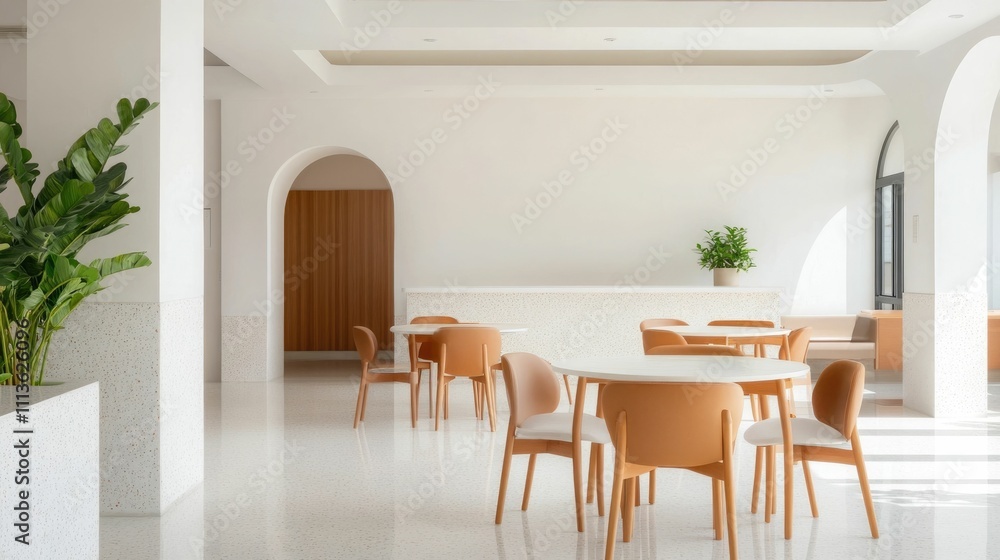 Fototapeta premium Minimalist Coastal Cafe with Nature Inspired Designs Offering Serene Elegance A Tranquil and Inviting Space Featuring Elegant Decor Ample Natural Light and Calming Ambiance