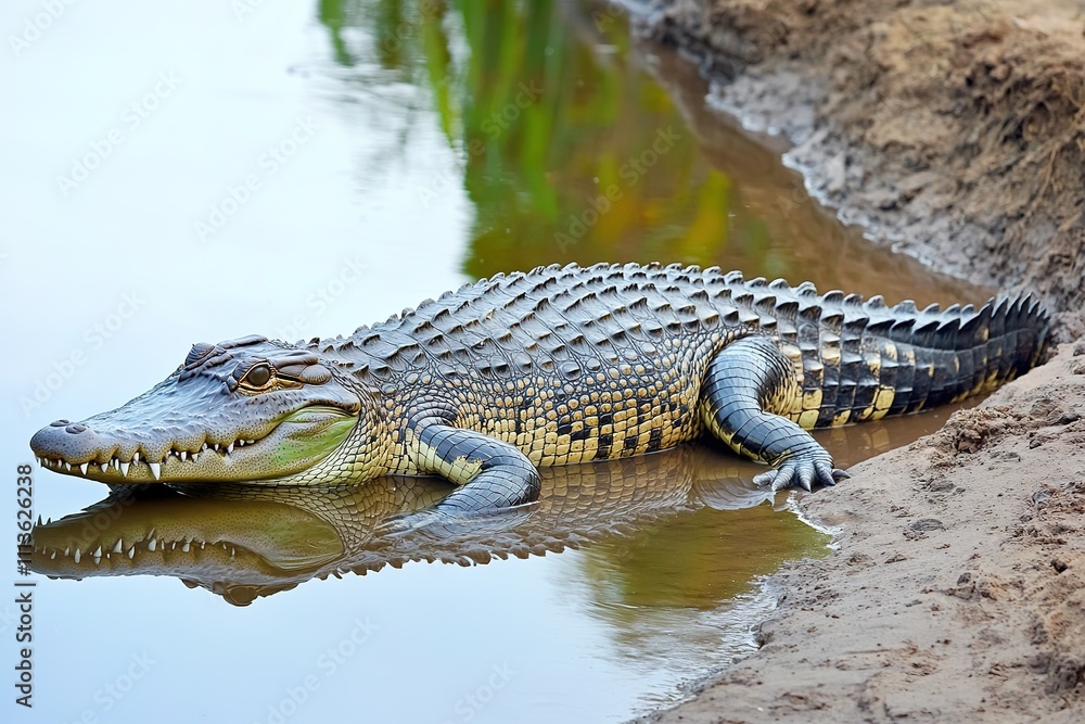 Alligator resting by water with reflection, sharp teeth visible. Alligator resting by water with reflection, sharp teeth visible.