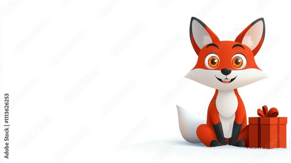 Cute Cartoon Fox Character with Gift Box Sitting on White Background Cute Cartoon Fox Character with Gift Box Sitting on White Background