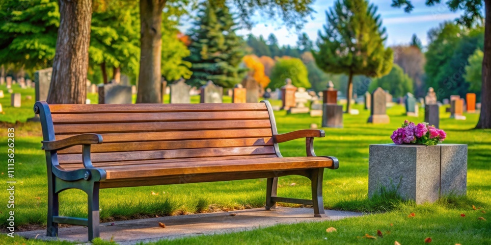 Wooden bench next to a gravesite for reflection and final goodbyes, quiet, peaceful, somber, cemetery, respect Wooden bench next to a gravesite for reflection and final goodbyes, quiet, peaceful, somber, cemetery, respect