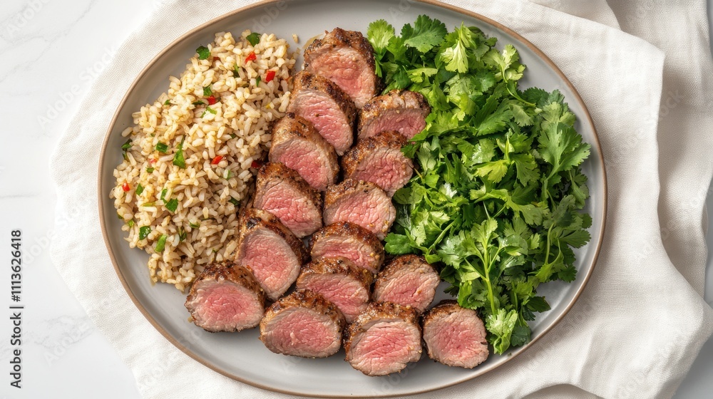 Overhead View of Retro Plate Featuring Pork Tenderloin and Rice Culinary Delight Kitchen Food Photography Aesthetic Gourmet Concept Overhead View of Retro Plate Featuring Pork Tenderloin and Rice Culinary Delight Kitchen Food Photography Aesthetic Gourmet Concept