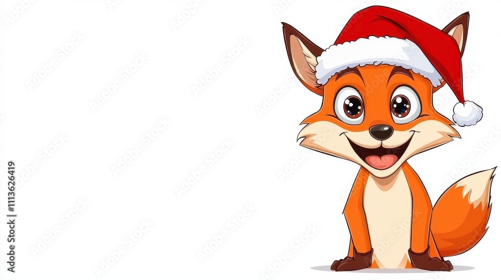 Obraz premium Cute Cartoon Fox Wearing Santa Hat for Christmas Holiday
