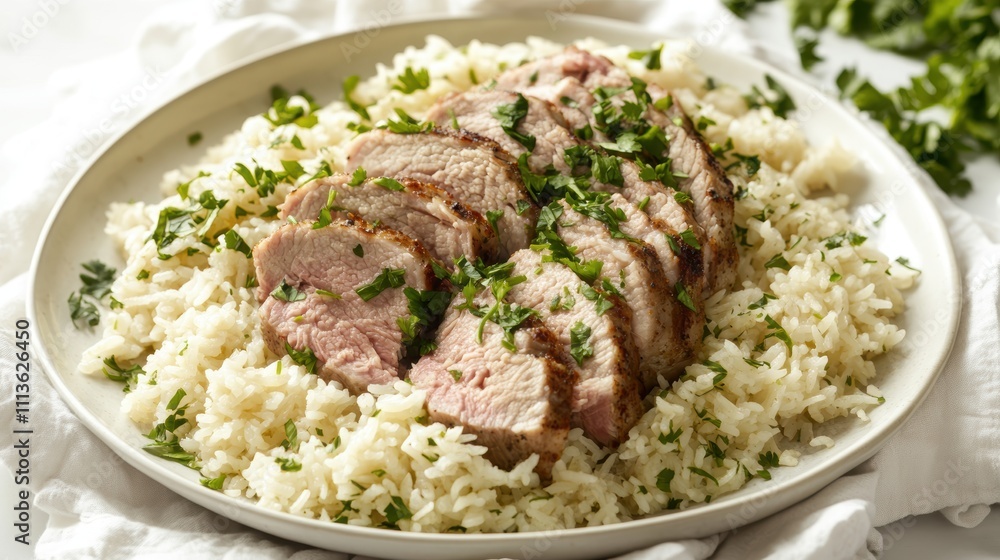Savoring Retro Flavors Overhead View of Pork Tenderloin Rice on a Vintage Plate in a Cozy Kitchen Setting Savoring Retro Flavors Overhead View of Pork Tenderloin Rice on a Vintage Plate in a Cozy Kitchen Setting