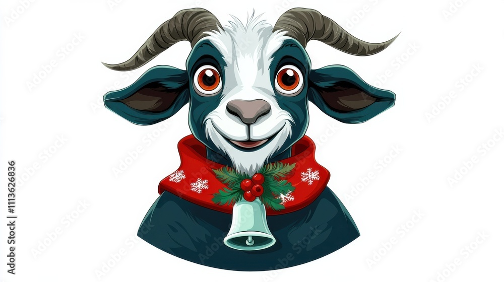 Naklejka premium Adorable Cartoon Goat in Christmas Attire with Holly Scarf and Bell