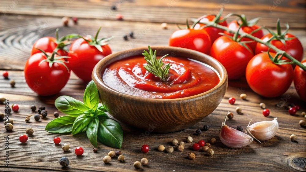 Close up of fresh ketchup sauce with tomatoes and herbs , ketchup, sauce, condiment, tomato, red, food, ingredient, fresh Close up of fresh ketchup sauce with tomatoes and herbs , ketchup, sauce, condiment, tomato, red, food, ingredient, fresh