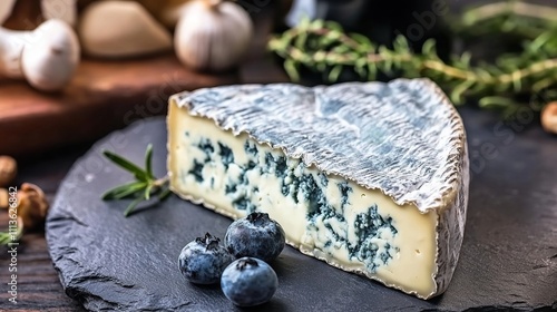 Wedge of blue cheese with blueberries on slate.