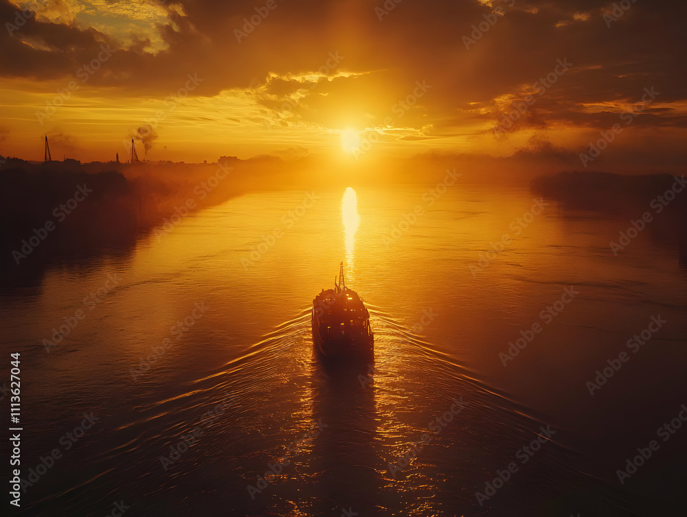 Fototapeta premium Golden Sunset River Vessel