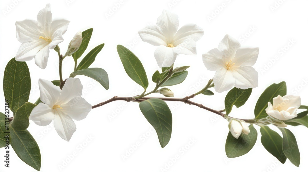 A jasmine branch with white flowers and green leaves, isolated against a white background. The flowers' soft petals are in full bloom, contrasting with the rich green leaves. A jasmine branch with white flowers and green leaves, isolated against a white background. The flowers' soft petals are in full bloom, contrasting with the rich green leaves.