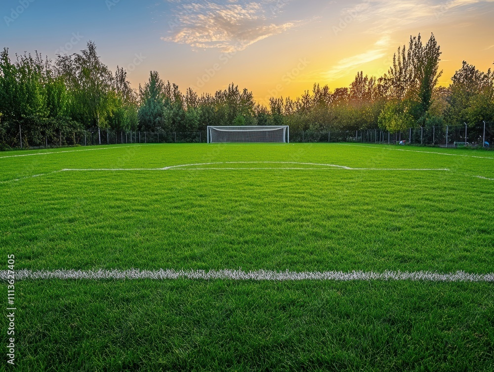 Naklejka premium Quiet Game Waiting Empty Grass Soccer Field Local Park Photo Natural Setting Wide Angle Tranquil Atmosphere