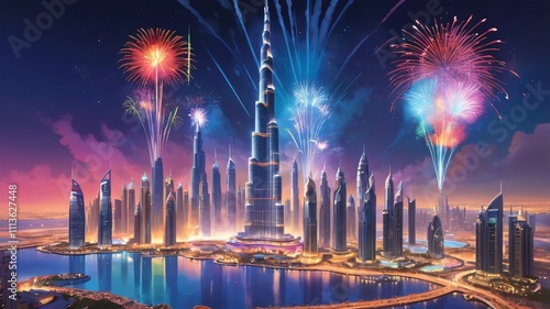 Fireworks over Dubai Skyline at Night