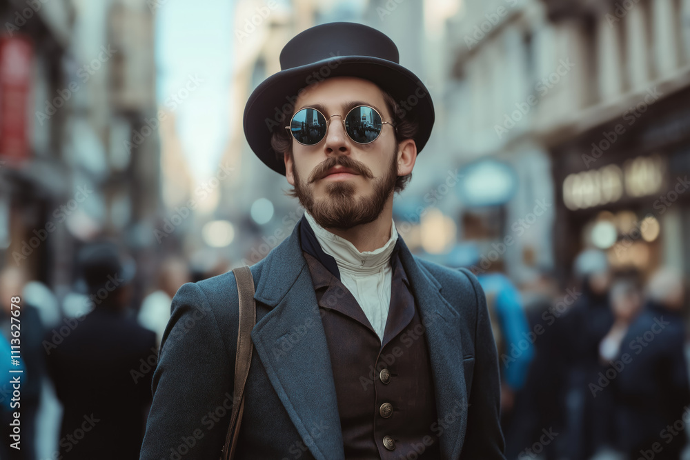 man in stylish regency attire with bow tie and round sunglasses in an urban setting, fashion portrait, Pretend to Be a Time Traveler Day man in stylish regency attire with bow tie and round sunglasses in an urban setting, fashion portrait, Pretend to Be a Time Traveler Day