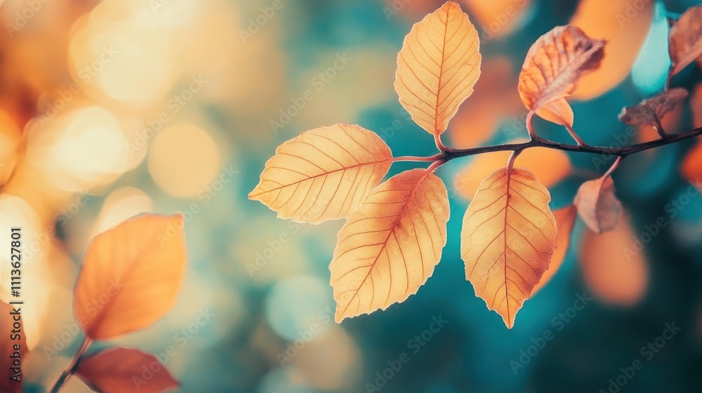 Obraz premium Golden Autumn Leaves on Branch in Nature