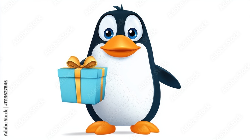 Obraz premium Cute Cartoon Penguin Holding a Festive Gift Box with Ribbon Bow