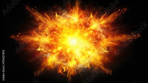 Bright explosion flash against a black background with fire burst, explosion, bright, flash, black background, fire burst, energy