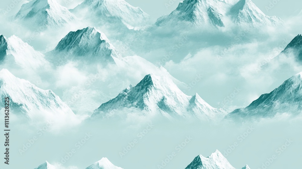 Fototapeta premium Minimalistic illustration of snow capped mountains in a serene turquoise palette symbolizing tranquility and natural beauty