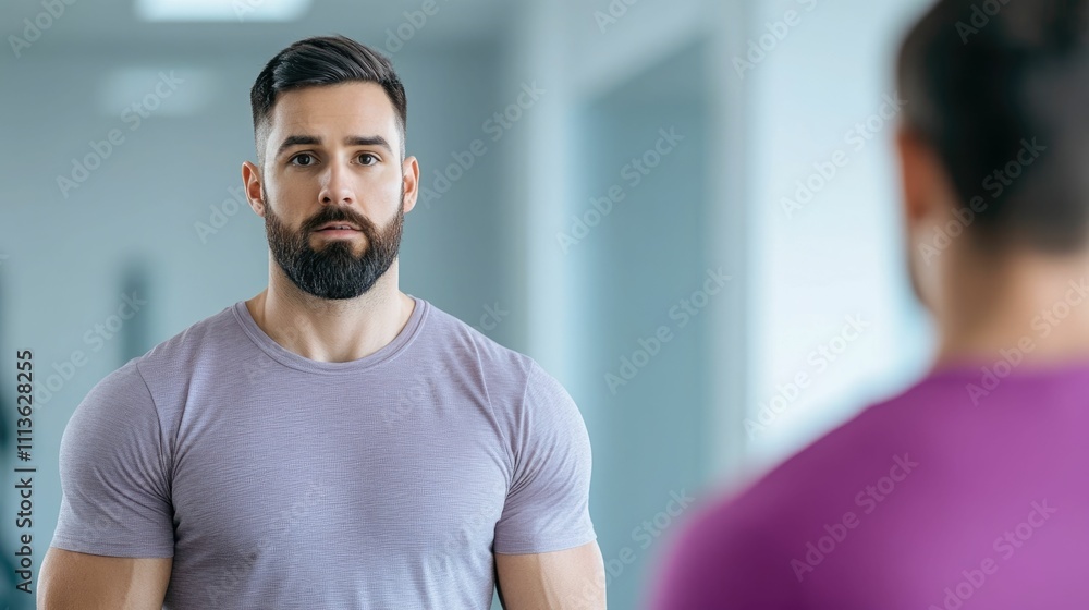 Muscular male personal trainer guiding a client during a workout session Muscular male personal trainer guiding a client during a workout session