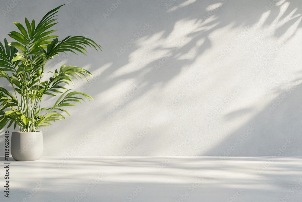 A serene indoor scene featuring a potted plant and soft shadows. A serene indoor scene featuring a potted plant and soft shadows.