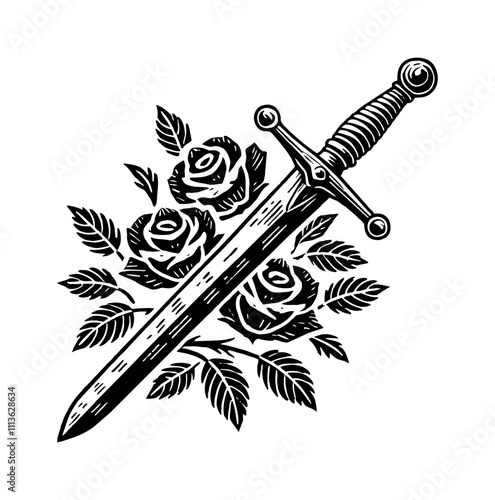 sword rose flower engraving black and white outline