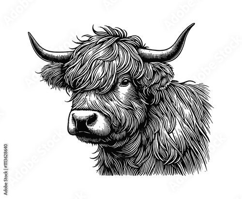 Highland cow engraving black and white outline