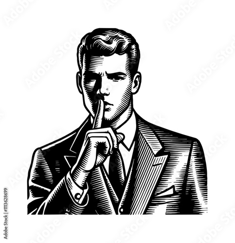man wear suit and do silence hand gesture engraving black and white outline