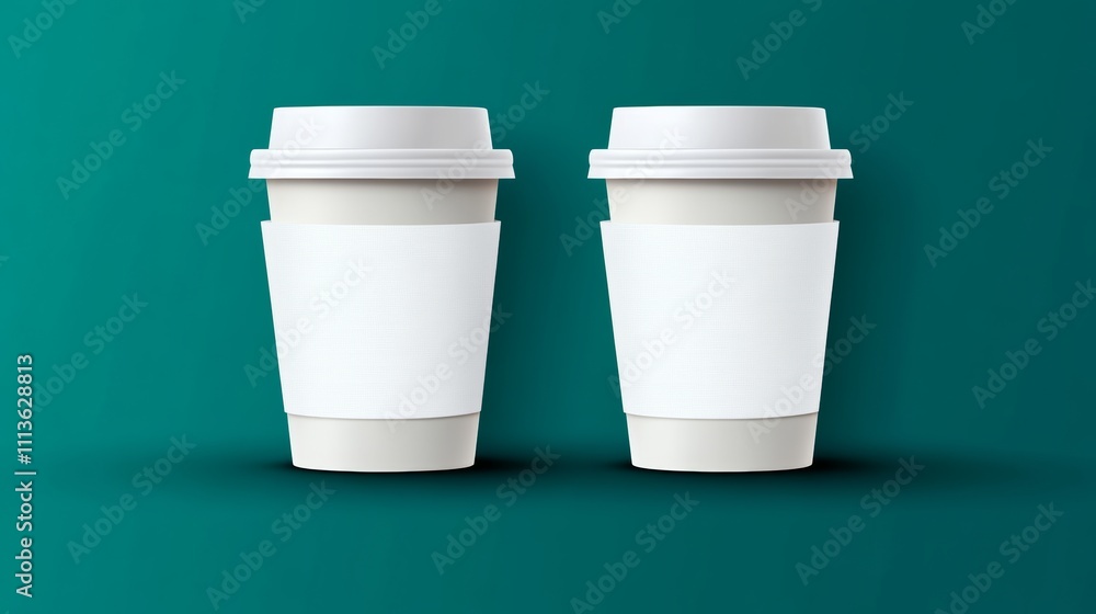Two white coffee cups with lids and white paper sleeves. The cups are placed on a green background Two white coffee cups with lids and white paper sleeves. The cups are placed on a green background